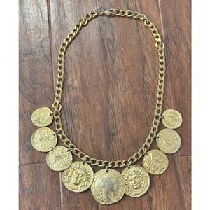 VTG Gold Tone Plated Chunky Coin Medallion Chain Necklace Jewelry Roman Emperor